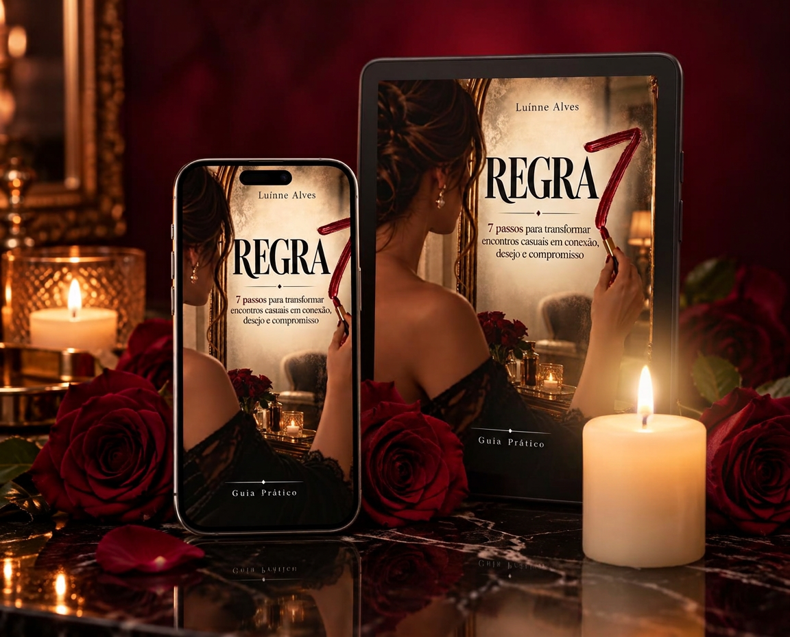 Ebook Regra 7, de Luínne Alves, num iPhone e num Kindle, entre rosas vermelhas e velas